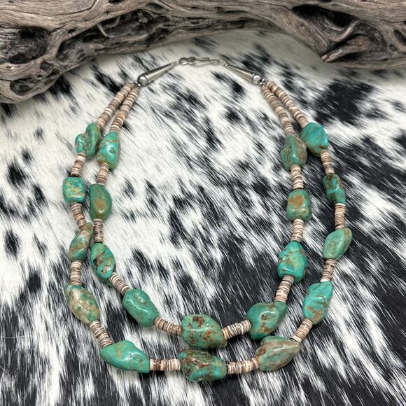 1990s NATIVE AMERICAN Royston Turquoise & Heishi Bead Necklace With Sterling - Picture 2 of 2